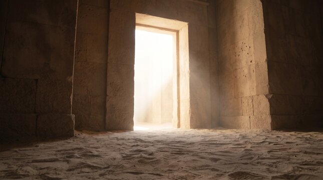 Bright light streaming through a doorway in an ancient stone temple with a sandy floor