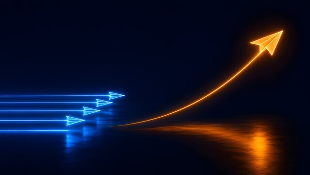 Glowing orange paper airplane breaking away from blue airplanes and flying upward representing innovation leadership and disruptive business strategy