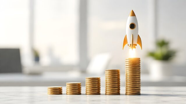 3D white and gold rocket launching from ascending stacks of gold coins on desk symbolizing startup business growth and financial investment success