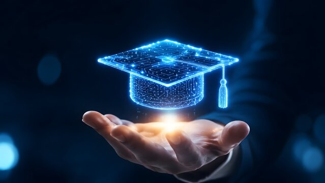 Futuristic digital education concept with glowing blue holographic graduation cap with circuit board patterns hovering over human hand