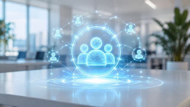 Futuristic glowing holographic network of business team avatars floating on an office desk symbolizing digital corporate collaboration