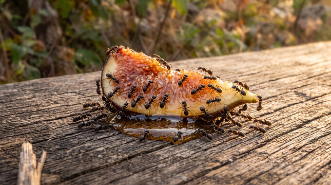Fourmis envahissant un quartier de figue m&ucirc;re et sucr&eacute;e
