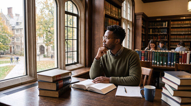 &Eacute;tudiant travaillant seul &agrave; une table dans une biblioth&egrave;que universitaire