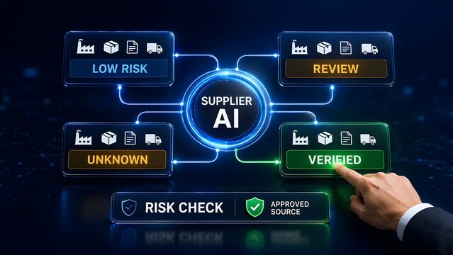 Businessman hand pressing verified button on artificial intelligence supply chain risk management dashboard