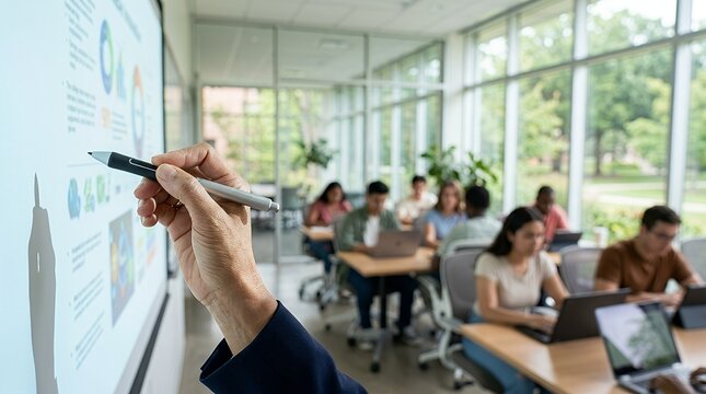 A professional instructor pointing at a digital whiteboard during a collaborative business workshop or training session.