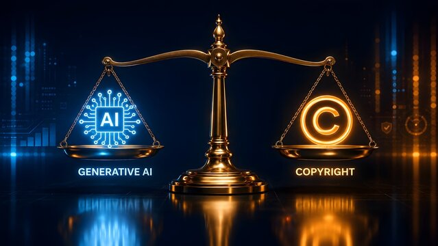 Golden scales of justice balancing generative artificial intelligence technology against intellectual property and copyright laws.