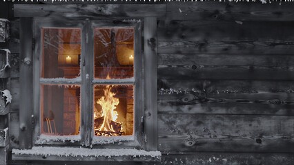 Fototapeta premium Cozy fireplace glowing through snowy window of rustic wooden cabin.