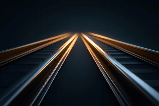 Abstract cinematic close up of parallel steel railway track converging toward glowing horizon under dark night sky, creating dramatic perspective and motion