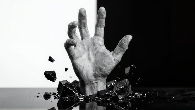 Hand breaks through shattered glass, symbolizing emergence or breaking free.