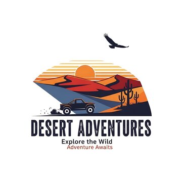 Desert adventure logo with offroad vehicle and mountains