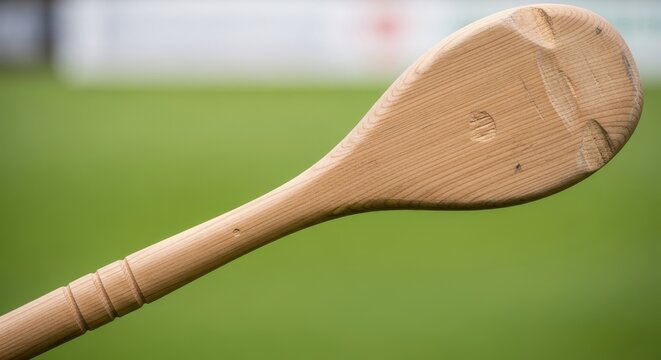 Close up of a wooden hurling stick on grass field.