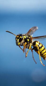 Close up of a yellow and black wasp in flight.