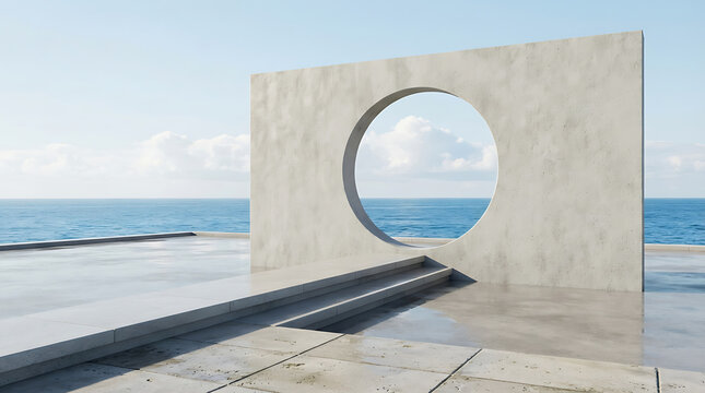 Modern Concrete Frame with Circular Ocean View on Sleek Terrace - Minimalist Architecture