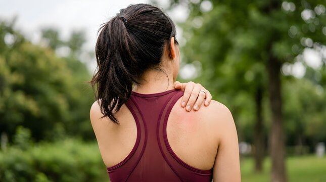 Woman wearing maroon athletic clothing experiences severe shoulder pain while exercising outdoors in a park during a sunny summer day