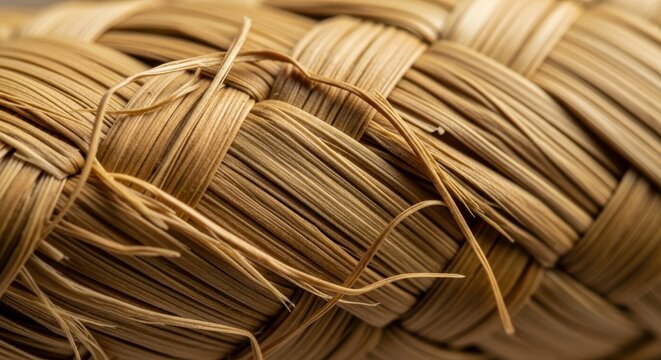 Close up of natural woven raffia fibers texture.