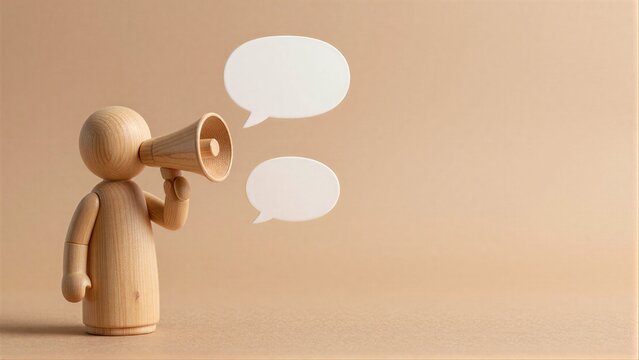 Wooden figure holds megaphone, two speech bubbles float beside it against beige background.