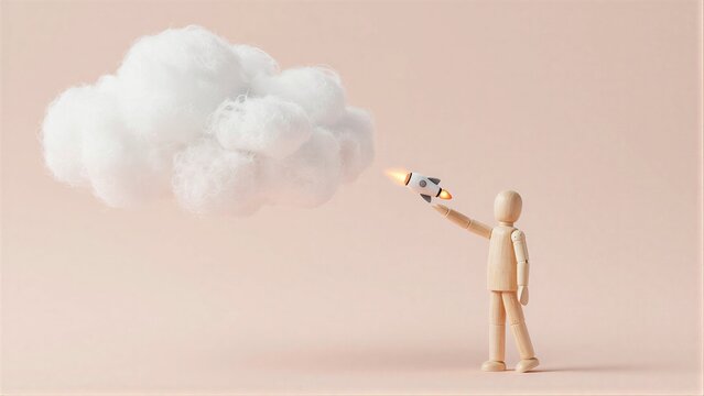 Wooden figure points at rocket launching from fluffy cloud against soft pink background.