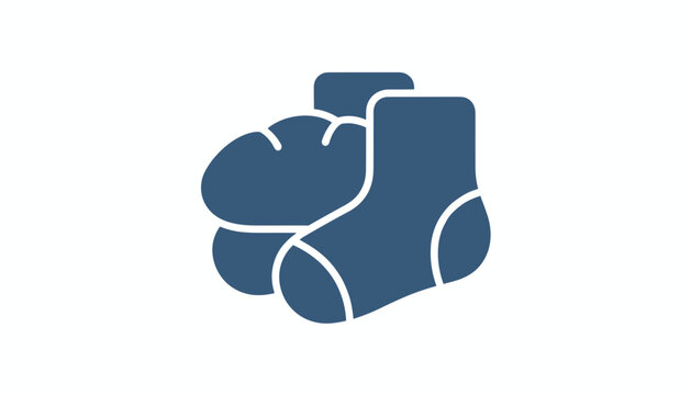 Solid blue icon depicting basic relief needs with a loaf of bread and a pair of socks on a white background.