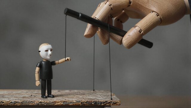 Wooden hand controls puppet with mask, symbolizing hidden manipulation behind smiles.