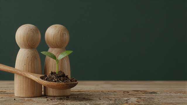 Two wooden figures nurture a sapling with soil, symbolizing growth and care.