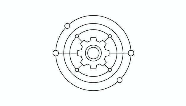Technical line icon of a gear inside concentric circles connected to node points representing a complex mechanical or digital system.