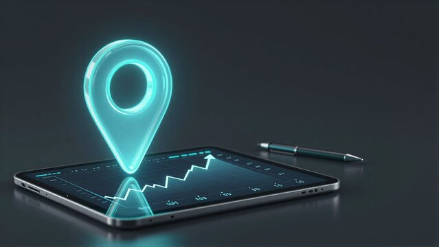 Glowing location pin hovers over tablet displaying graph, pen rests nearby.