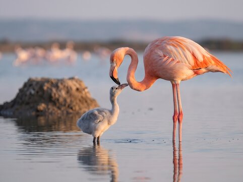 Greater Flamingo Parent Protecting Fluffy Chick in Shallow Wetland Lagoon
