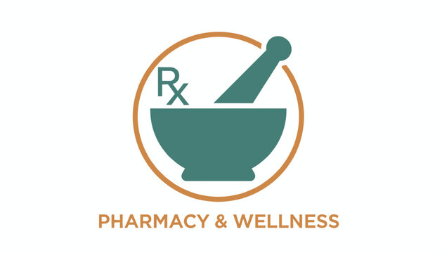 Professional pharmacy and wellness logo featuring a mortar and pestle symbol enclosed in a circular frame.