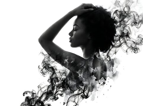 Ethereal black and white profile of a woman with curly hair and swirling black smoke ink textures