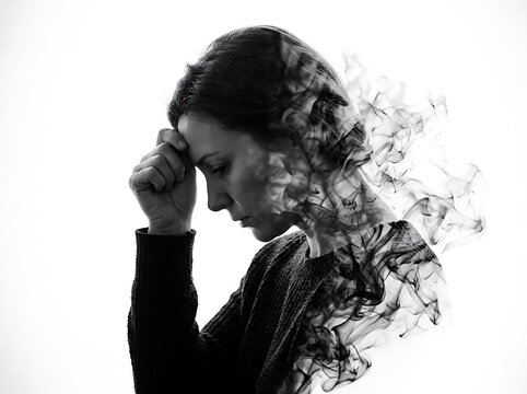 Conceptual black and white portrait of a stressed woman with smoke effect representing mental exhaustion