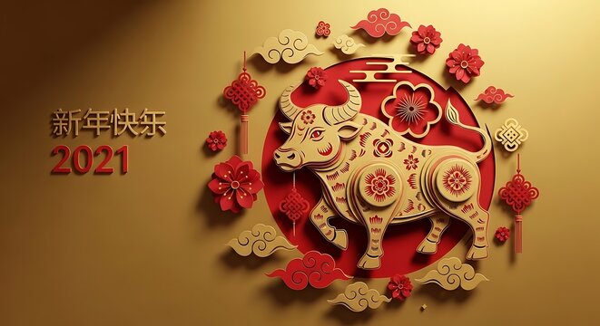Chinese new year 2021 year of the ox red and gold paper craft design