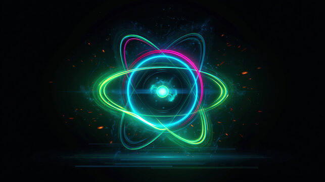 Glowing atom core with colorful electron orbits, neon energy, and particle trails on dark background