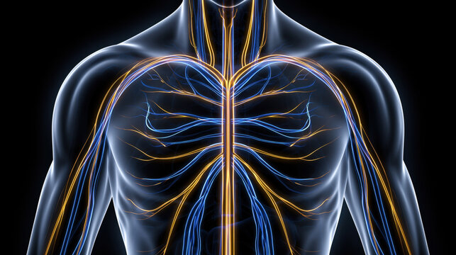 Anatomical illustration of human torso, nervous system, vagus nerve, and chest anatomy showing calm symmetrical neural pathway on dark background