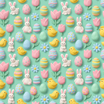 Easter seamless pattern with 3d clay white bunnies, yellow chicks, easter eggs, tulips, and flowers on mint green background
