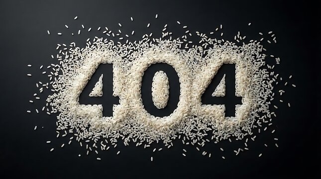 404 food conceptual background design featuring the number 404 spelled out with white rice grains isolated on a dark black surface for web error pages