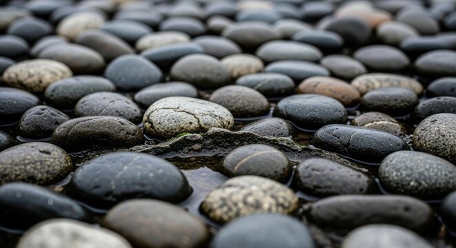 Close up of smooth river stones and pebbles texture.