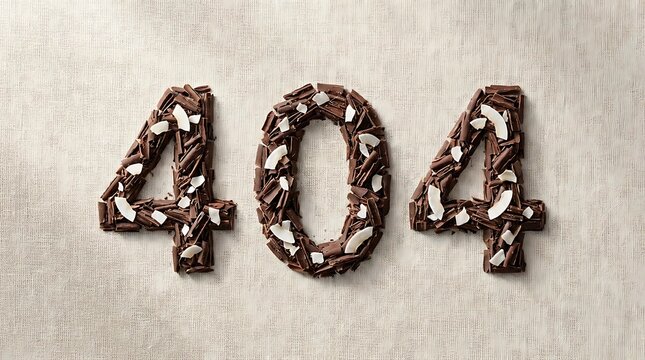 Creative 404 food page design featuring the number four hundred and four crafted from dark chocolate shavings and white coconut flakes on a neutral background