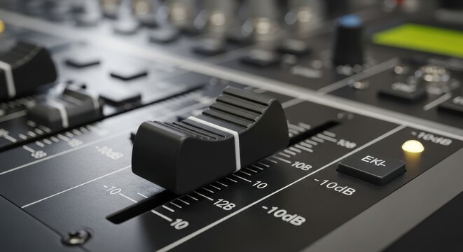 Close up of professional audio mixing console faders and knobs.
