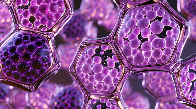 Purple cellular structure with glowing spherical vesicle and geometric membrane pattern in microscopic biological background