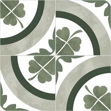 Decorative green floral ceramic tile pattern with four leaf clover ornament
