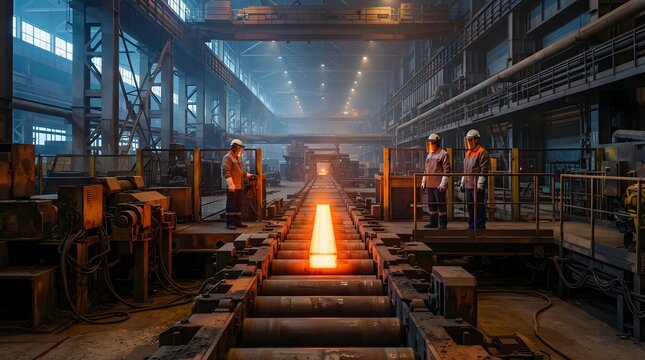 Industrial workers monitoring glowing molten metal on a steel mill production line conveyor