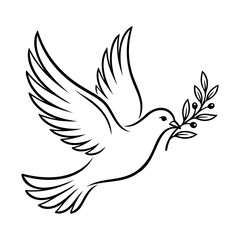 Fototapeta premium Minimalist line art illustration of a white dove carrying an olive branch for peace