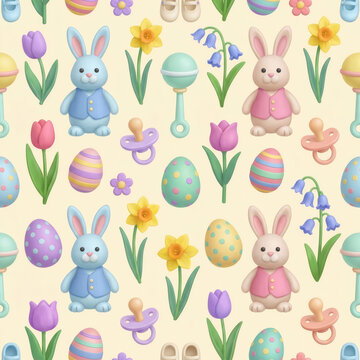 Cute baby Easter seamless pattern with 3d clay bunnies in vests, easter eggs, pacifiers, rattles, tulips, daffodils, and bluebells on cream background