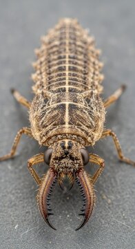Close up view of a detailed stonefly insect on gray surface.