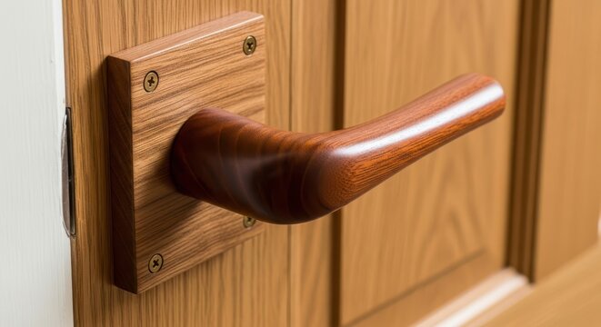 Close up of wooden door with dark brown handle.