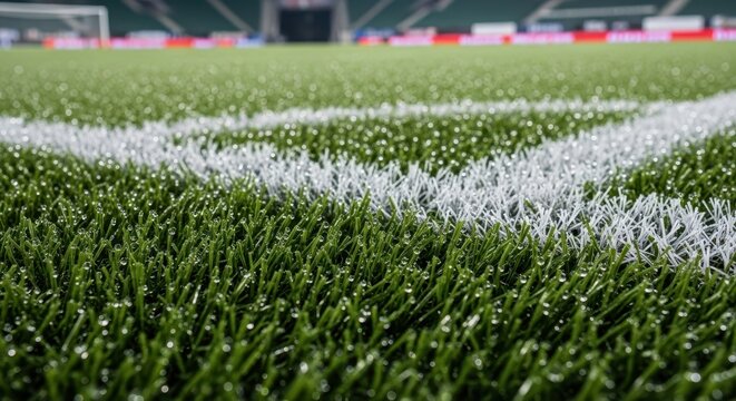 Close up view of a well maintained soccer field with white lines.
