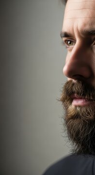 Close up portrait of a bearded man in profile.