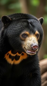 Close up portrait of a sun bear in forest habitat.