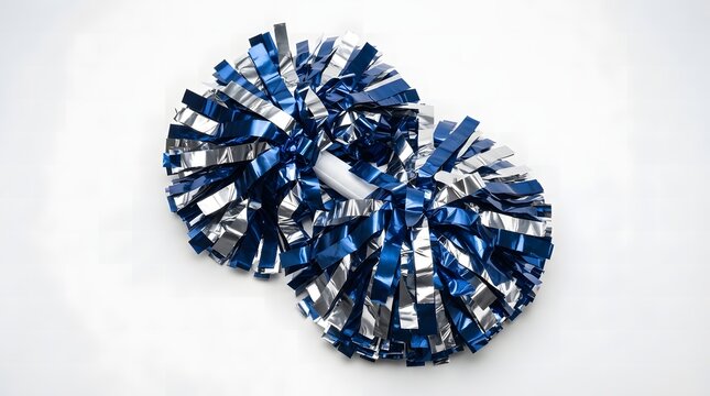 Blue and silver metallic cheerleading pom-poms isolated on a white background.