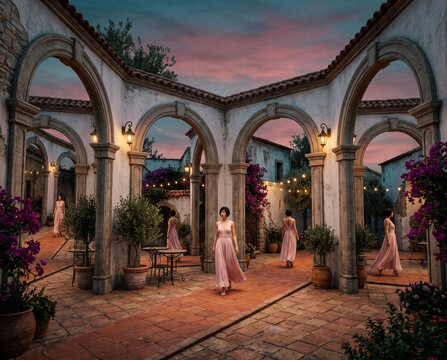 Surreal 3D scene of an impossible Mediterranean courtyard with repeating archways. Conceptual metaphor featuring multiple identical women in pink dresses navigating ambiguous transitions